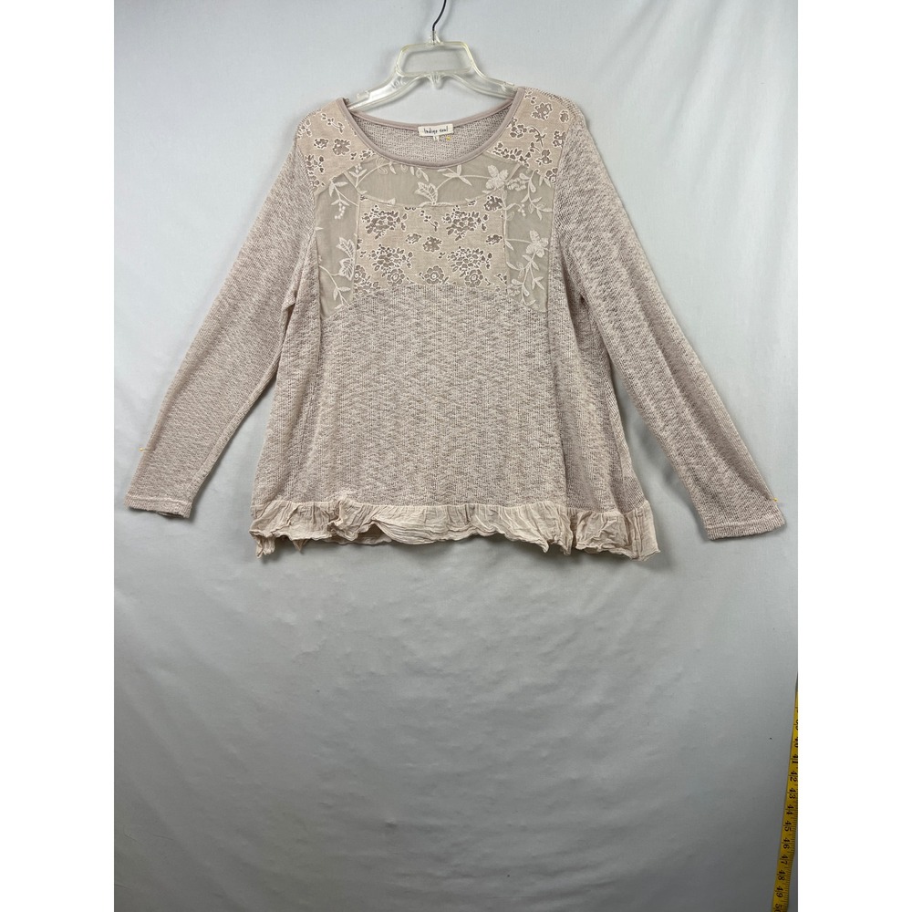 Indigo Soul Ruffle Hem Top Womens Large Beige Lace Embroidered Long Sleeve Boho